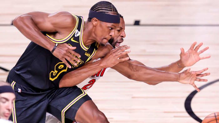 Rajon Rondo and Andre Iguodala fight for the ball in the NBA Finals